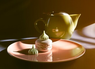 A Ray of Morning Sunlight: A Serene Scene of a Green Teapot basked in the Sunrise Glow and Confectionary Merenigue and Macaron Treats
