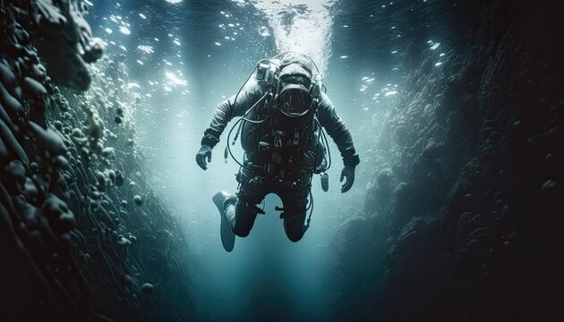 Scuba deep sea diver swimming in a deep ocean cavern . Underwater  exploration. Into the abyss. Stock Photo