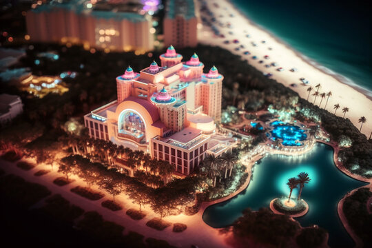 Drone photo of luxury grand 5 star hotel at night. Generative ai illustration