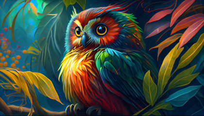 Obraz premium An with tropical colors on tropical leaves, watercolor painting style. Generative ai illustration