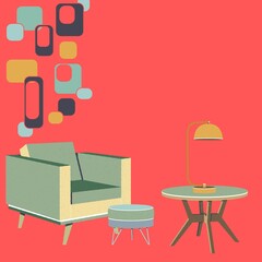 Mid Century Modern, Living Room, Chair, Table, Lamp, stool, footstool, cute, pink, aqua, gold, navy, blue, natural, lifestyle, 50s, retro, vintage, background,