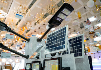 Solar-powered street lamp at the showroom of a large store