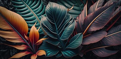Colorful tropical island plants and palms background. Bright rainforest leaves intricate wallpaper.