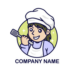 cute girl chef smilling holding spatula .vector illustration .suitable as logo for catering business, restaurant and other food business