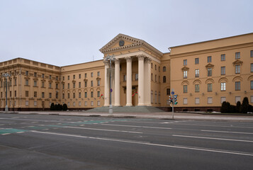 Fototapeta na wymiar View of the building of the State Security Committee of the Republic of Belarus on Independence Avenue, Minsk, Belarus