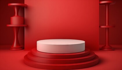 Pedestal of platform display with modern stand podium on red room background. Blank Exhibition stage backdrop or empty product shelf. Generative ai