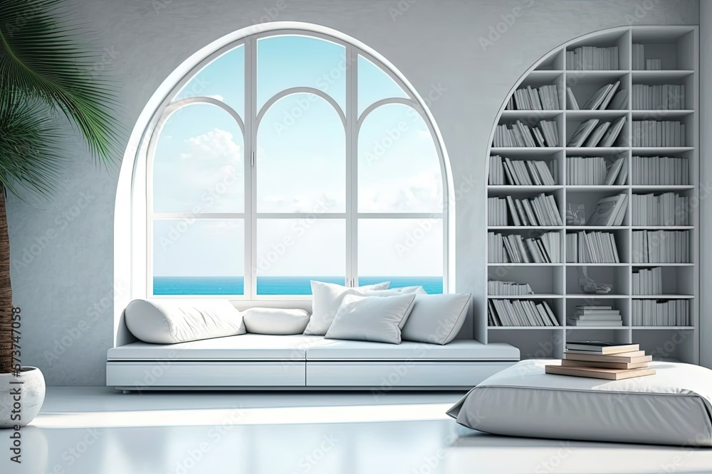 Poster a white sofa and coffee table are in front of a panoramic arch window overlooking the tropics. books