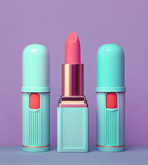 Obraz premium Three Lipstick Tubes on a Purple Colorful Background, Cosmetic Packing, Luxury Beauty Packaging, Lipstick Mockup - Generative AI 