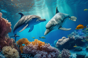Two dolphin under water on the background of coral reefs Coral by Generative Ai - obrazy, fototapety, plakaty