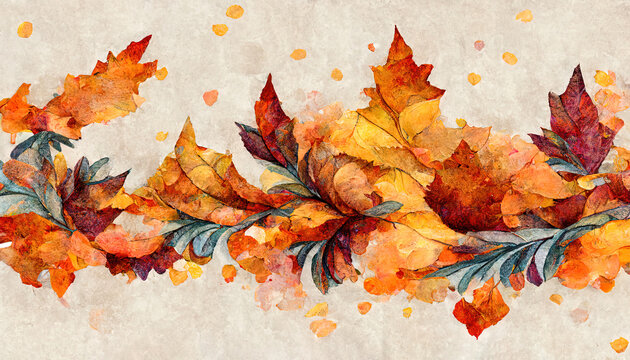 Surprising Fall leaves horizontal border, Autumn watercolor illustration, Seamless pattern, web projects, fabric. Generative Ai