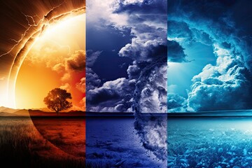Concept of weather forecasting; climate change backdrop; sky image collage depicting a range of weather conditions (sunny and blue, dark and stormy, and a blazing sunset). Generative AI