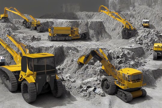 Excavator and large mining dump trucks transporting stone ore at a limestone quarry, industrial landscape. Generative AI