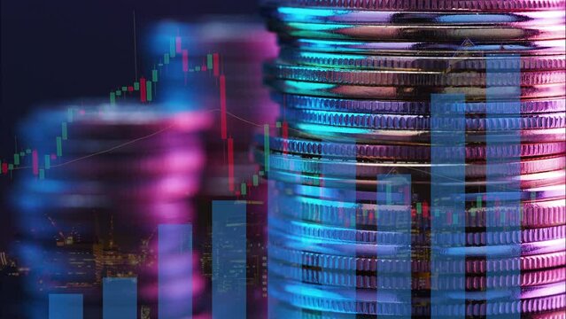 Stack of coins with increasing and decreasing trading chart in financial investment business stock growth. crypto currency, forex, business, finance, marketing, e-commerce concept