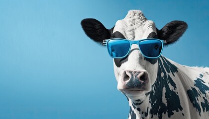 Obraz premium cool black and white cow with sunglasses in front of blue studio background generative ai