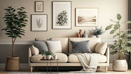 Fototapeta Domestic and cozy interior of living room with beige sofa, plants, shelf, coffee table, boucle rug, mock up poster frame, side table, plant and elegant decoration Beige wall. Home decor generative ai obraz