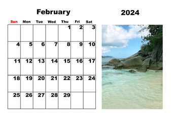 Calendar for 2024, February, with a photo of the sea