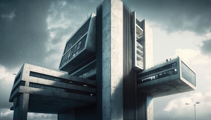 Naklejka premium Hi-tech architecture, high-rise concrete building with a glass elevator generative ai