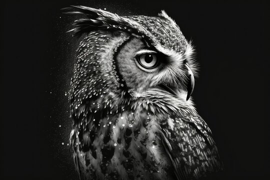 Owl portrait, drawn in black and white detail. Owl chosen at random from a profile that you like. The hoot owl is commonly referred to as bubo bubo. Inspired by nature's monochromatic palette