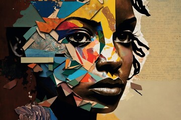 Collage portrait of a dark skinned woman with mixed media elements. Generative AI