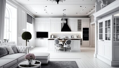 Luxurious white kitchen and living room in a big house generative ai