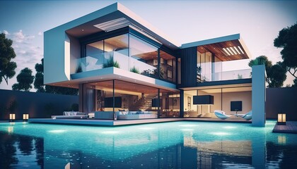 Obraz na płótnie Canvas Luxury modern home with swimming pool. Modern architecture generative ai