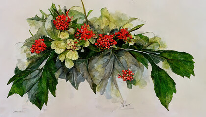 New year arrangement with poinsettia flower, ilex, fir branch with cones for design. Generative Ai