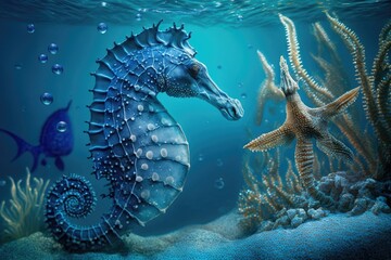 Fototapeta na wymiar Seascape with seahorse and starfish in shallow depth of field. Generative AI