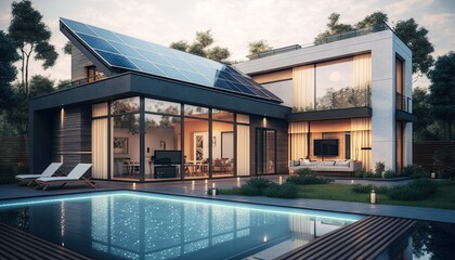 Fototapeta premium Modern house with patio area and solar panels with swimming pool generative ai