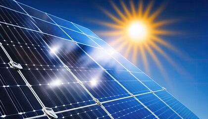 Solar panels with a bright shining sun on a blue sky generative ai