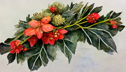 Amazing New year arrangement with poinsettia flower, ilex, fir branch with cones for design. Generative Ai