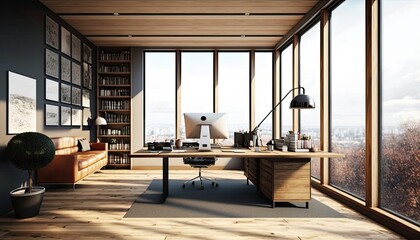 Fototapeta premium Wooden table in light office with panoramic windows generative ai