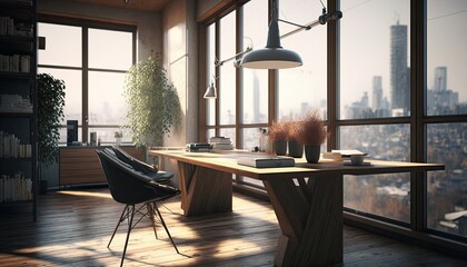 Wooden table in light office with panoramic windows generative ai