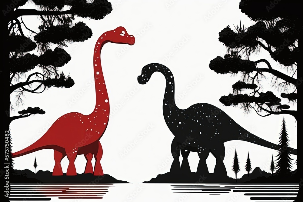 Poster two different kinds of brachiosaurs in the wild, one of them by a lake. an example like this one. ge