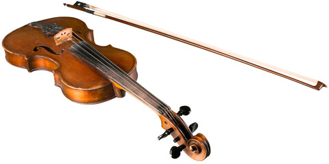 Top View of a Violin with Bow, Isolated
