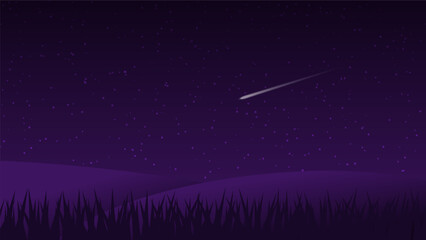night landscape cartoon scene. dark hill with meteor in starry sky