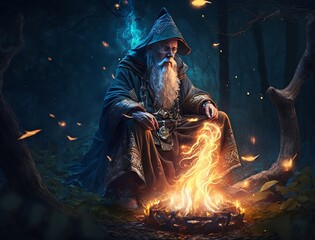 Old Mage Smoking and Making Fire in Realistic Forest Setting - Dark Fantasy Concept