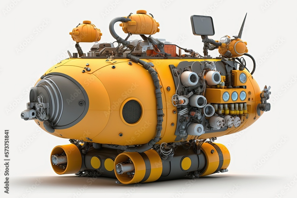 Poster a remotely controlled submarine rover equipped with robotic arms or other manipulators. modern under