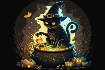 It depicts a black cat in a witch's hat sitting on a table next to a cauldron of some sort. The basis for the celebration of Halloween. Enveloping darkness and mysticism. Generative AI