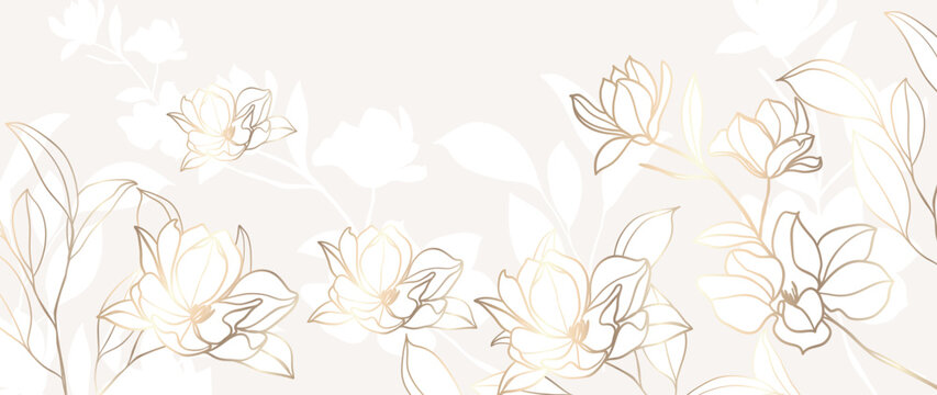 Luxury floral botanical on white background vector. Elegant gold line wallpaper lily, flowers, leaves, foliage, branches in hand drawn. Golden blossom frame design for wedding, invitation.
