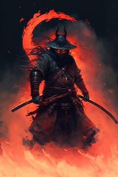 A samurai in a demonic red mask on the battlefield makes a swing with a katana creating a sizzling fire ring around, he is a mystical martial. illustration painting AI generative