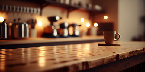 Empty wooden counter top with slow bar coffee background. Generative AI.