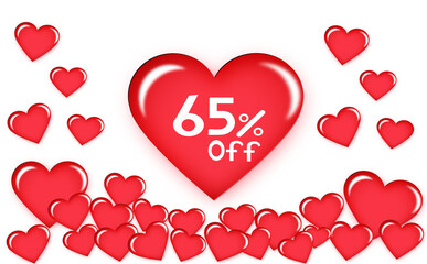 65% discount on floating heart. Number sixty five white