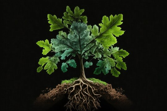 Grown ups tending to a garden's little oak tree. Oak tree roots established in the groundwork. Plant seeds or cuttings with a sidelight shining on them. Oak leaves in bright light, on a black backdrop