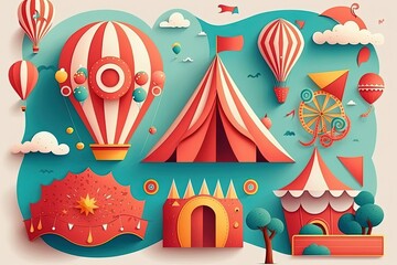 Fototapeta premium Large format printing kites and balloons set in the atmosphere of a city's amusement park's circus tent roundabouts. Generative AI