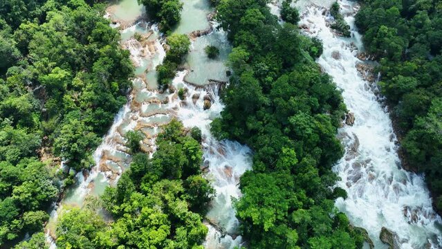 Aerial view of the waterfalls Agua Azul, Chiapas (Mexico).