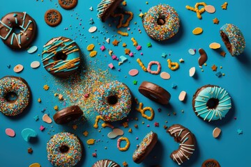 Chocolate and sugar glazed German carnival donuts on a blue background decorated with confetti and streamers. Generative AI
