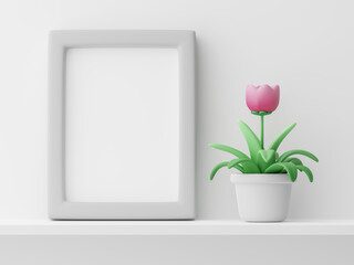 Cute cartoon style blank photo frame for content on a white shelf inside a white room decorated with pink flowers in a flowerpot 3D render illustration