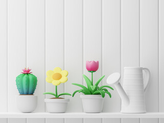 Cute cartoon style empty plank wall for content decorated with colorful small plants in flower pots on white shelves, 3D render illustration