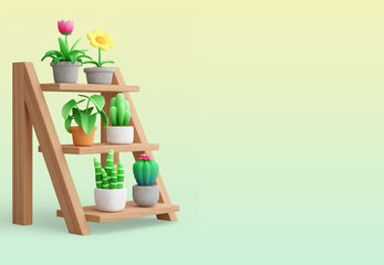 Cute cartoon style flower pots plant many kinds of plants Place it on a wooden shelf for a garden decoration set on gradient background 3d render illustration with clipping path