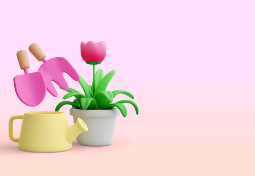 Flowerpot with blooming pink flowers Cute cartoon style with colorful gardening tools 3d render illustration on pastel background with clipping path